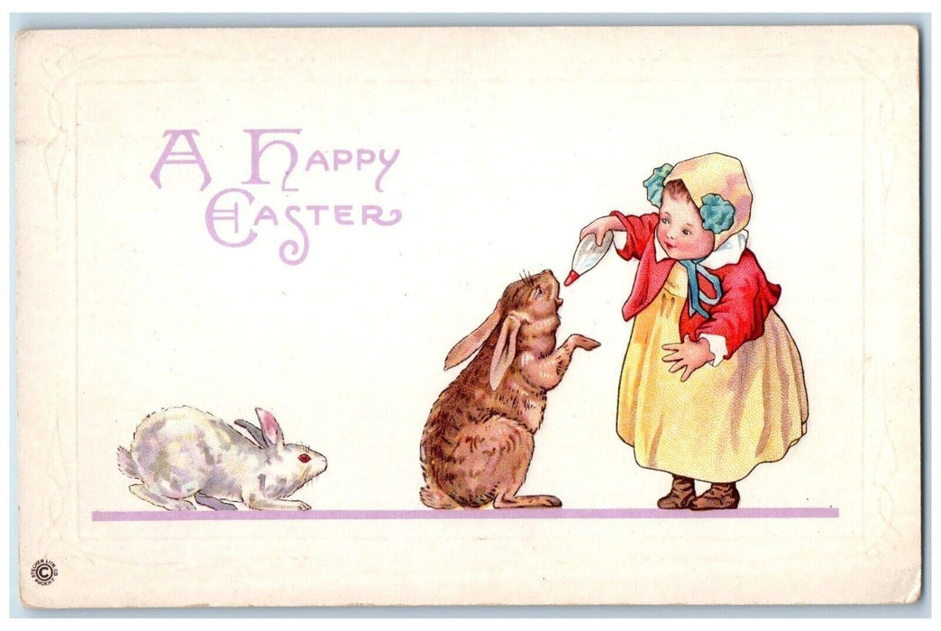 c1910's Happy Easter Little Girl Drinking Bunny Rabbit Embossed Antique Postcard