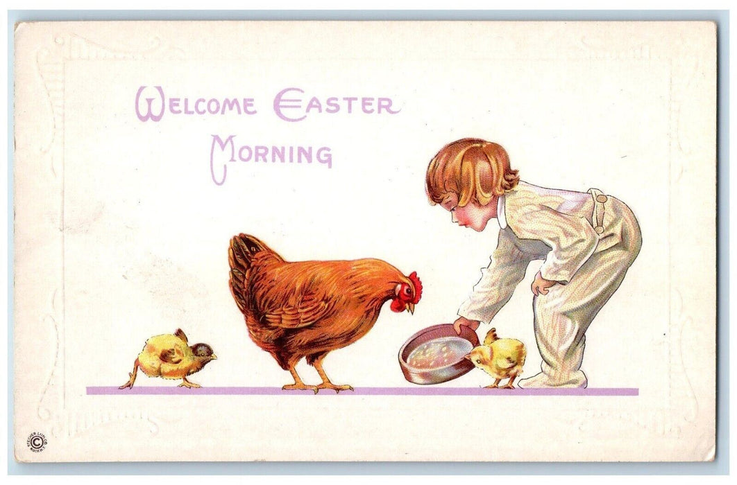c1910's Easter Morning Little Boy Feed Chicken Hen Chicks Embossed Postcard