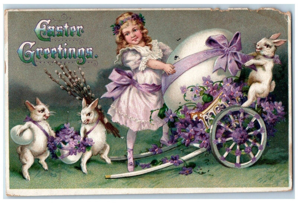 1912 Easter Greetings Girl Anthropomorphic Bunny Rabbit Flowers Egg Postcard