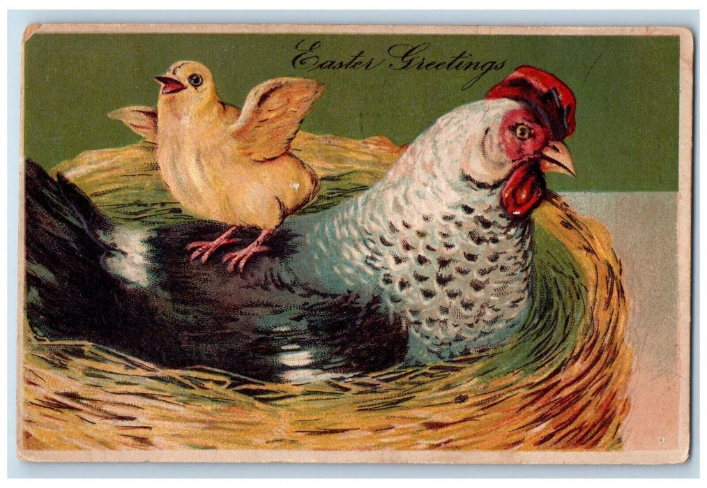 1909 Easter Greetings Chicken Hen Nest Chick Embossed Youngtown OH Postcard