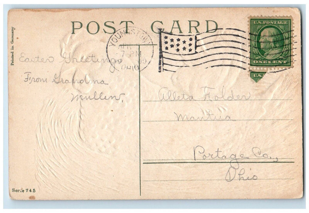 1909 Easter Greetings Chicken Hen Nest Chick Embossed Youngtown OH Postcard