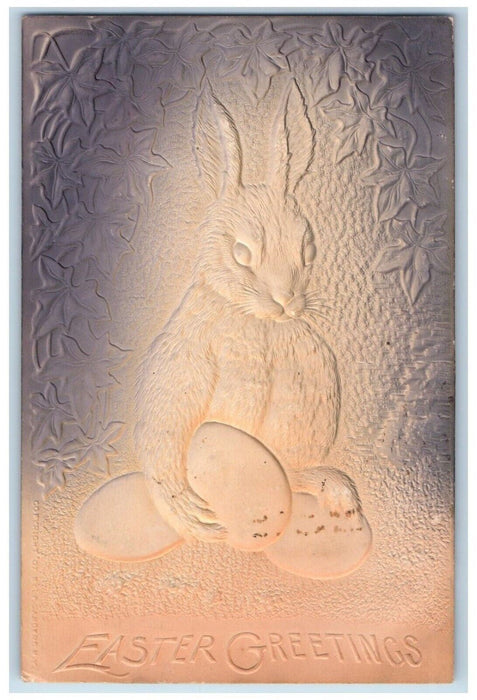 1908 Easter Greetings Bunny Rabbit Eggs Airbrushed Embossed Antique Postcard