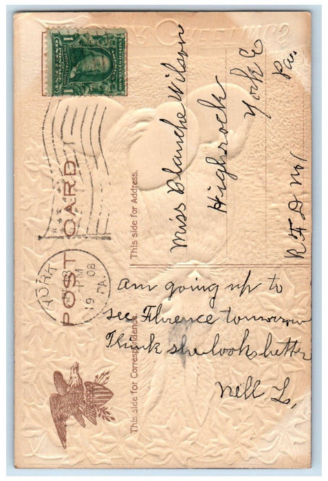 1908 Easter Greetings Bunny Rabbit Eggs Airbrushed Embossed Antique Postcard