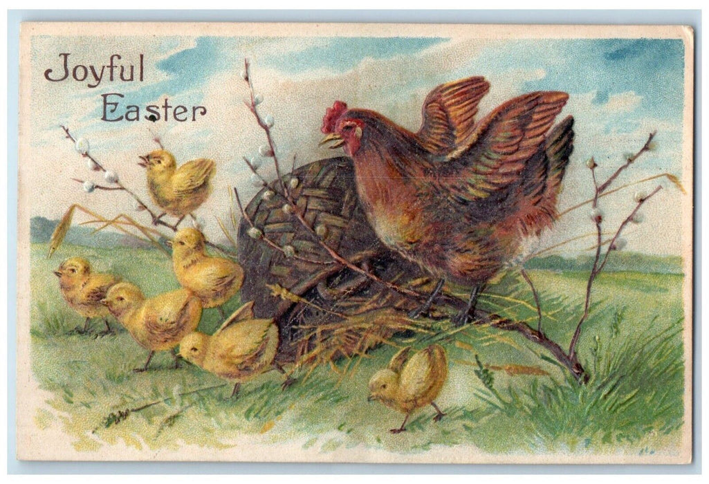 1912 Joyful Easter Chicken Hen Chicks Basket Embossed Posted Antique Postcard