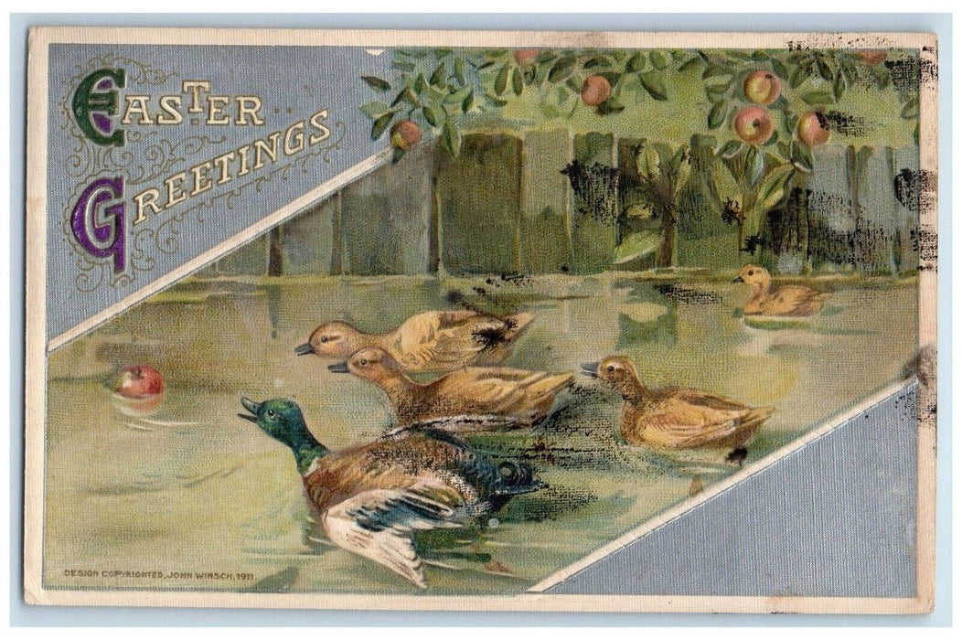 c1910's Easter Greetings Swim Ducks Apple John Winsch Artist Signed Postcard