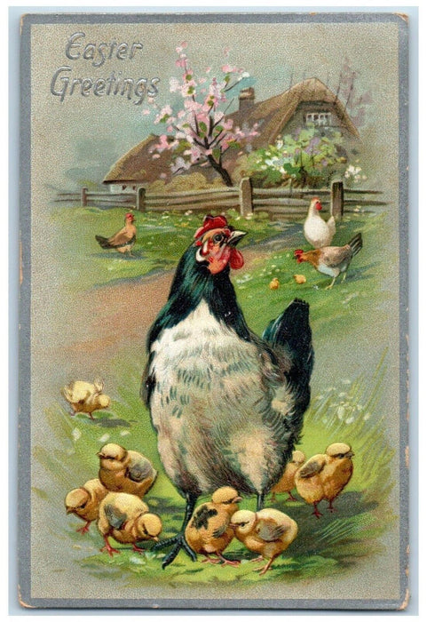 1910 Easter Greetings Chicken Hen Chicks Fence Raleigh NC Tuck's Postcard