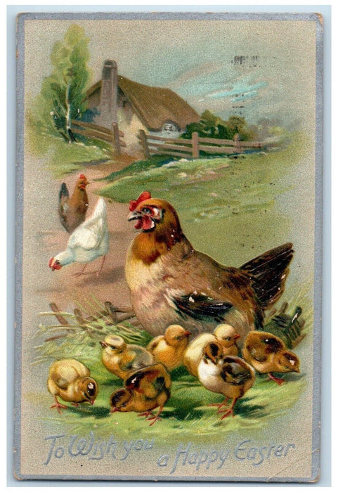 1910 Easter Chicken Hen Chicks House Fence Tuck's Embossed Antique Postcard