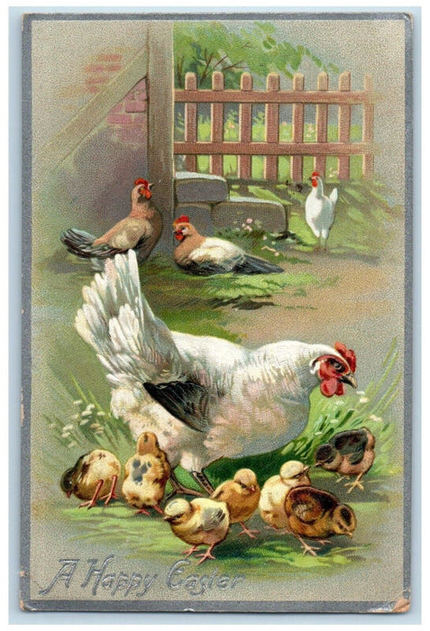c1910's Easter Chicken Hen Chicks Fence Tuck's Embossed Posted Antique Postcard