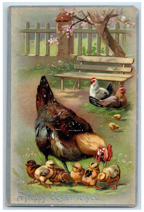 1911 Easter Chicken Hen Chicks Fence Bench Flowers Tuck's Embossed Postcard