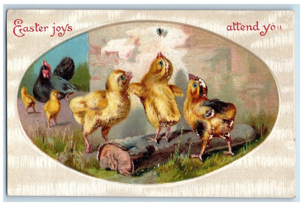c1910's Easter Joys Chicken Hen Chicks Bug Log Embossed Antique Postcard