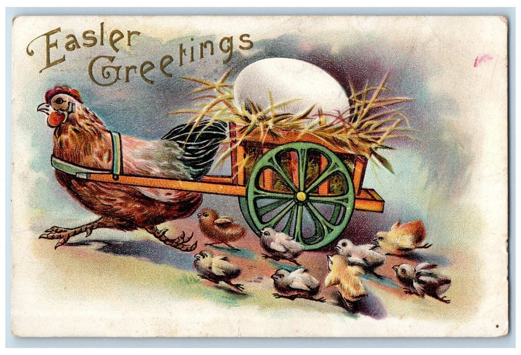 1909 Easter Greetings Chicken Pulling Wagon Egg Chicks Richmond VA Postcard