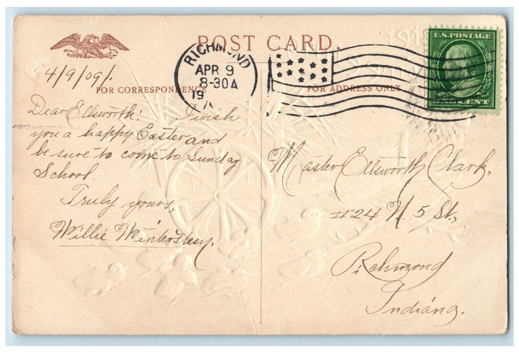 1909 Easter Greetings Chicken Pulling Wagon Egg Chicks Richmond VA Postcard