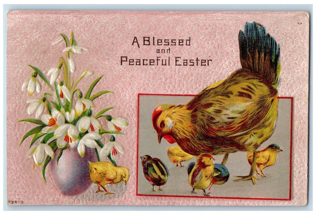 c1910's Easter Chicken Hen White Flowers Vase Embossed Posted Antique Postcard