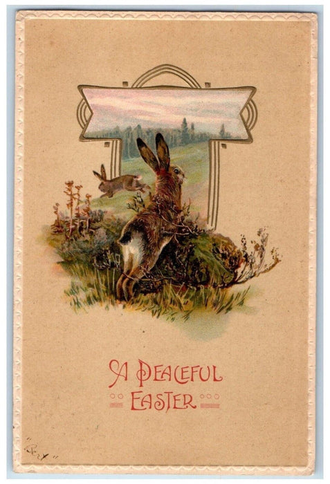 1908 Easter Bunny Rabbit Grass Playing Embossed Posted Antique Postcard
