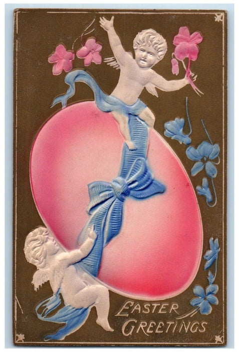 1909 Easter Greetings Angels Carry Giant Egg Clover Embossed Antique Postcard