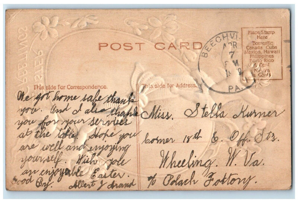 1909 Easter Greetings Angels Carry Giant Egg Clover Embossed Antique Postcard