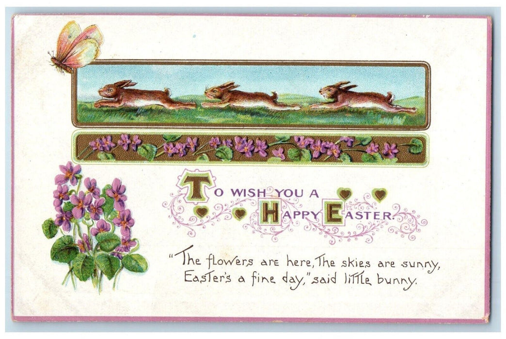 c1910's Easter Bunny Rabbit Pansies Flowers Butterfly Embossed Antique Postcard