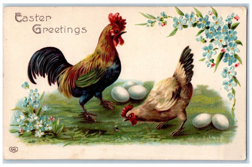 c1910's Easter Greetings Rooster Chicken Hen Eggs Pansies Flowers Postcard