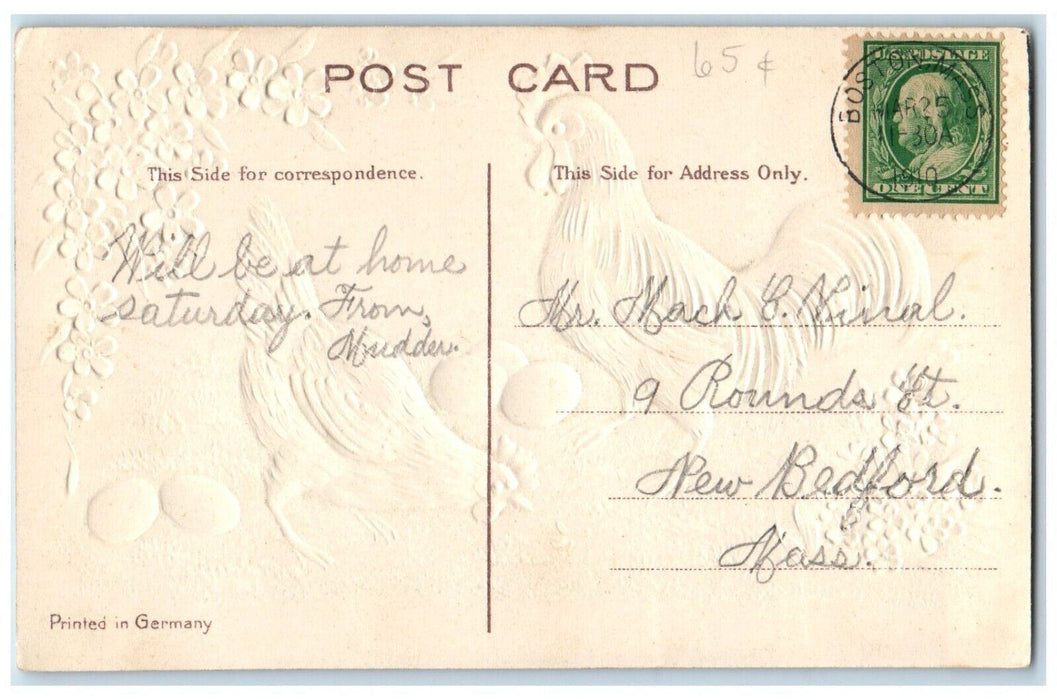 c1910's Easter Greetings Rooster Chicken Hen Eggs Pansies Flowers Postcard