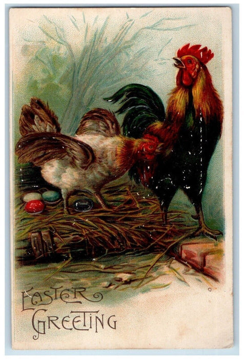 c1910's Easter Greetings Rooster Chicken Hen Egg Nest Embossed Antique Postcard