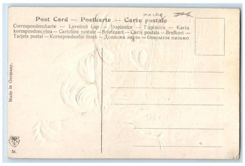 c1910's Easter Greetings Rooster Chicken Hen Egg Nest Embossed Antique Postcard