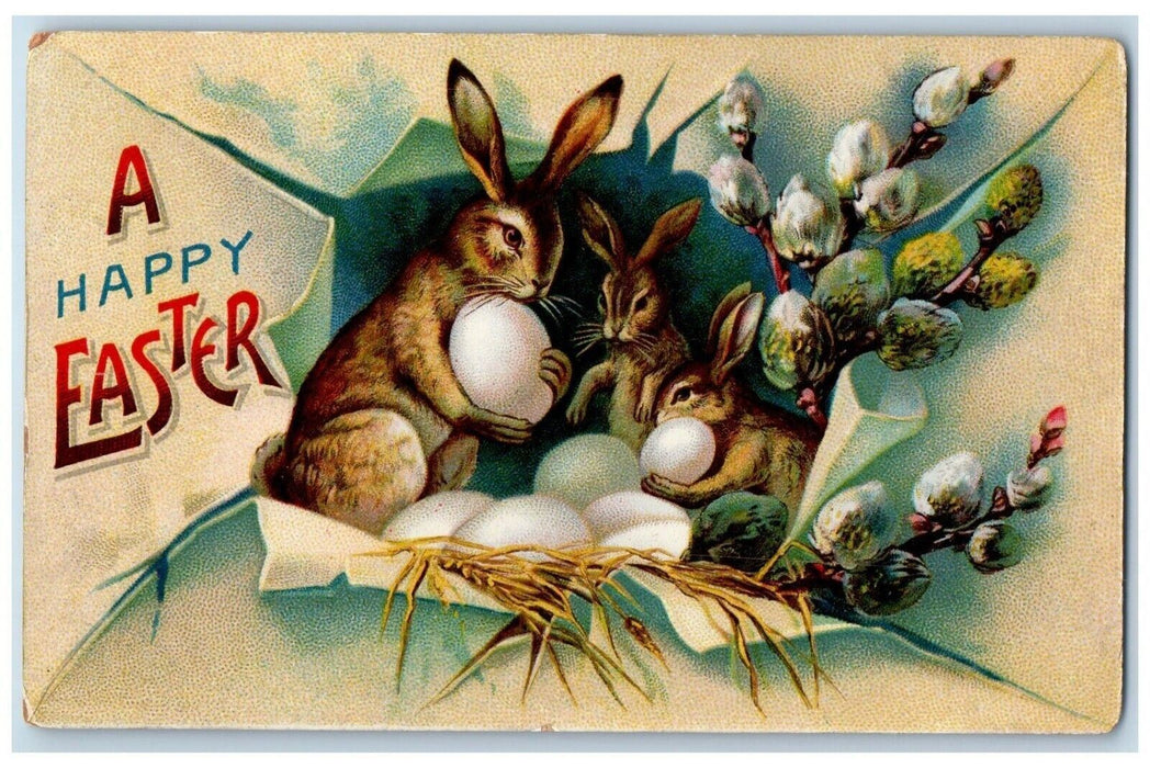 1919 Happy Easter Bunny Rabbits Eggs Embossed Posted Antique Postcard