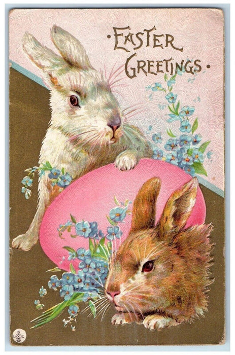 1913 Easter Greetings Bunny Rabbits Egg Pansies Flowers Embossed Posted Postcard