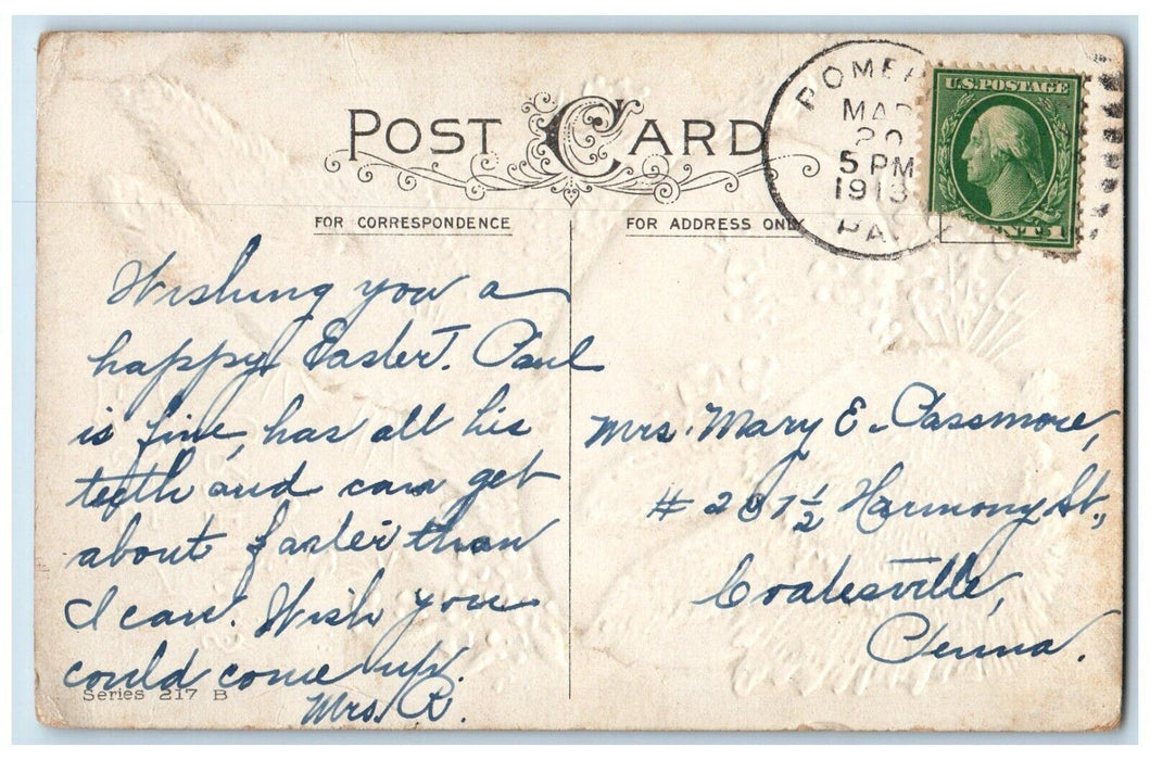1913 Easter Greetings Bunny Rabbits Egg Pansies Flowers Embossed Posted Postcard