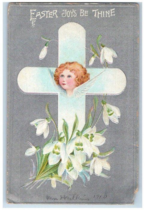 1910 Easter Holly Angel Cross White Lilly Flowers Embossed Posted Postcard