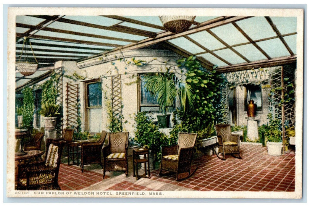 c1920's Sun Parlor of Weldon Hotel Greenfield Massachusetts MA Phostint Postcard