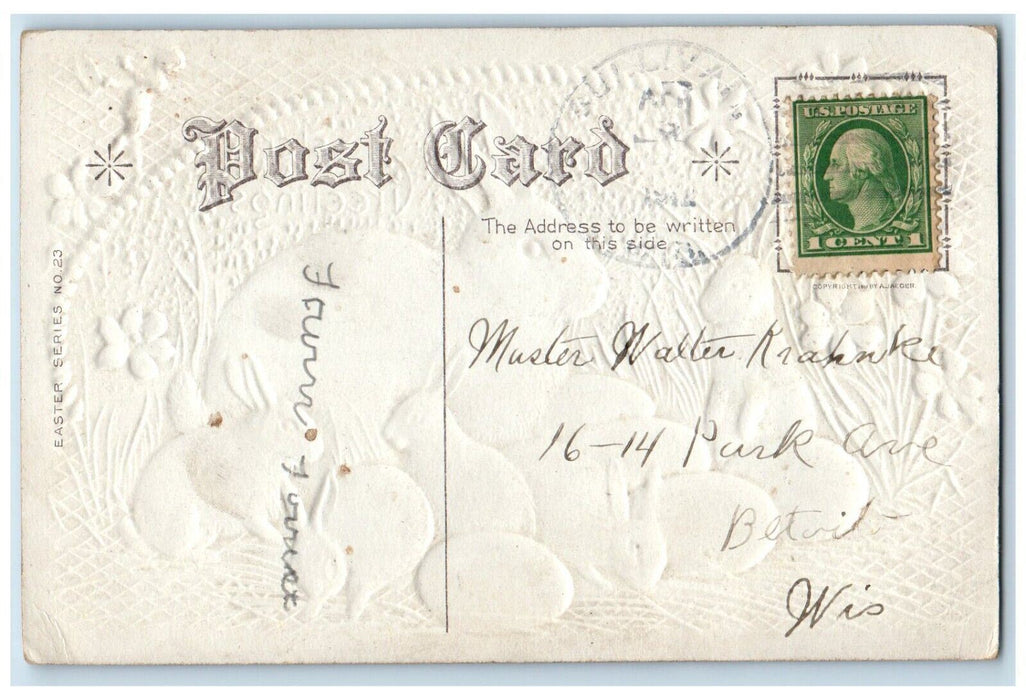 c1910's Easter Greetings Bunny Rabbit Eggs Pansies Embossed Posted Postcard