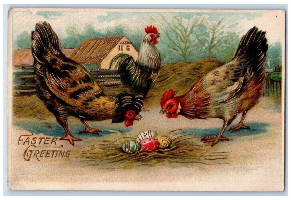 1908 Easter Greetings Chicken Hen Chicks Embossed Ashland Kansas KS Postcard