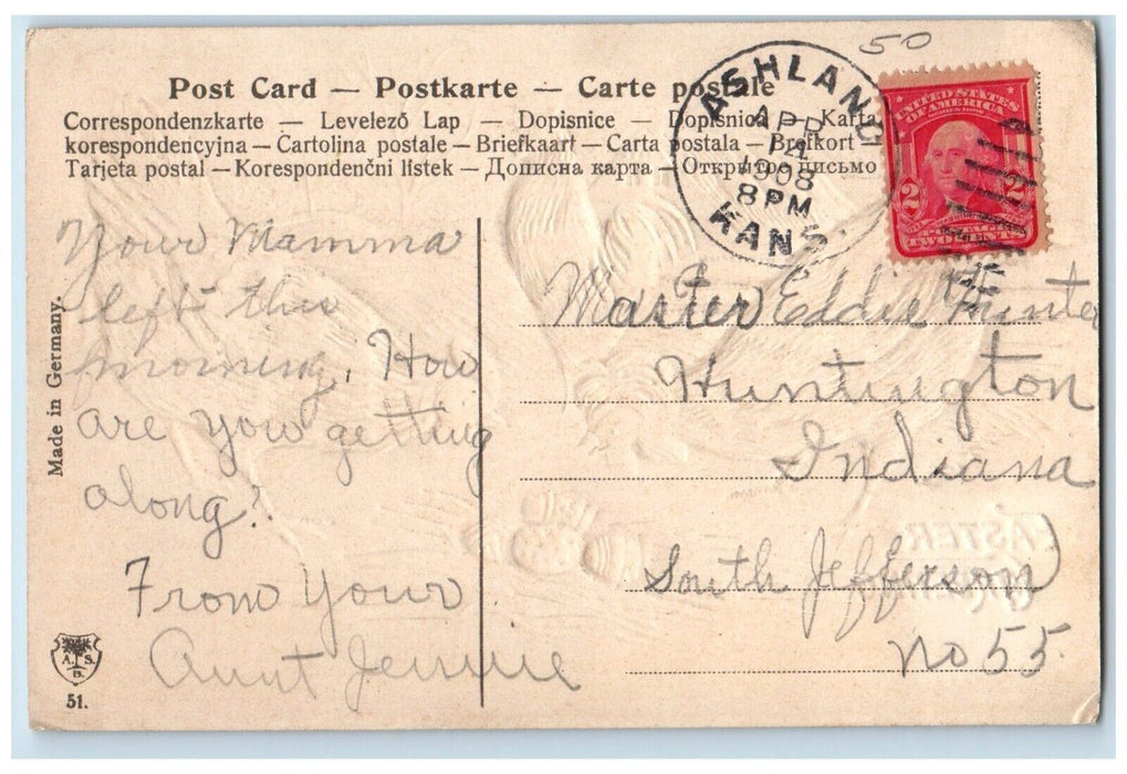 1908 Easter Greetings Chicken Hen Chicks Embossed Ashland Kansas KS Postcard
