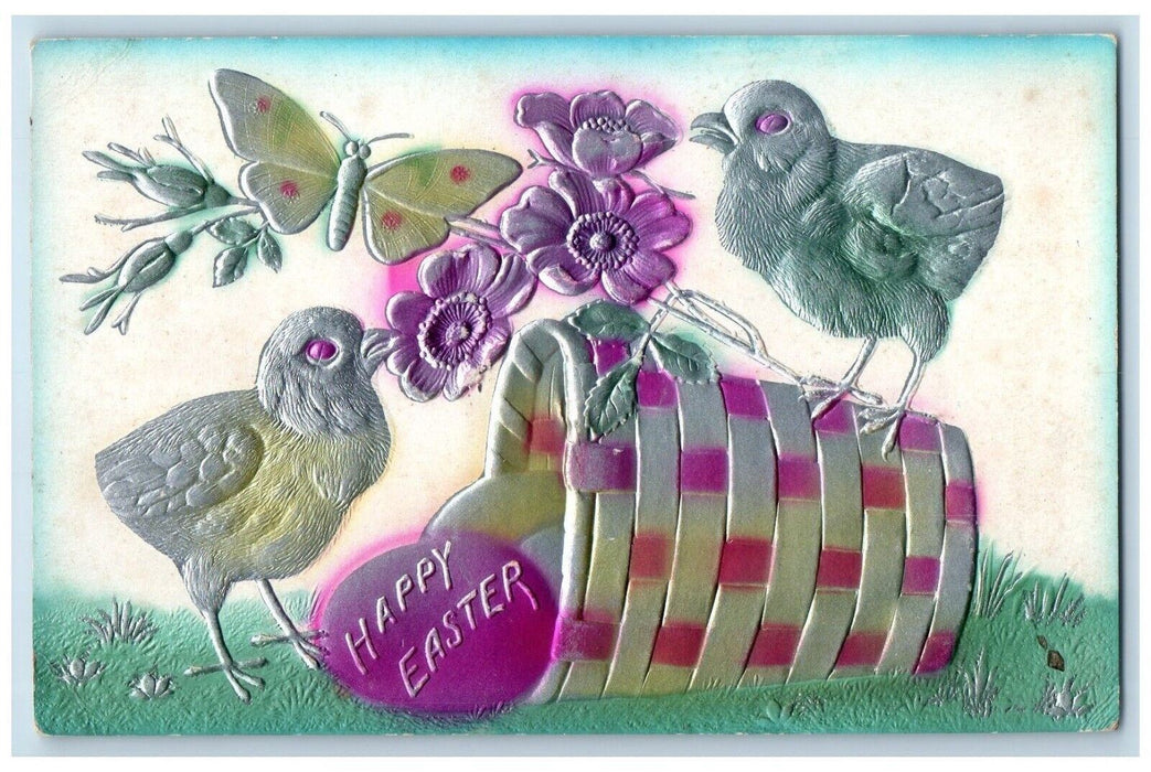 c1910's Easter Chicks Flowers And Butterfly Basket Egg Airbrushed Postcard