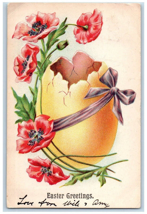 1906 Easter Greetings Hatched Egg Ribbon Flowers Embossed Antique Postcard