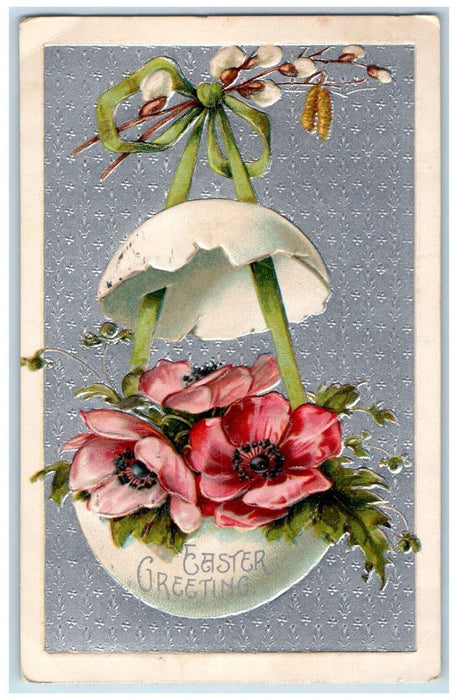 c1910's Easter Greetings Hanging Hatched Egg Ribbon Flowers Embossed Postcard