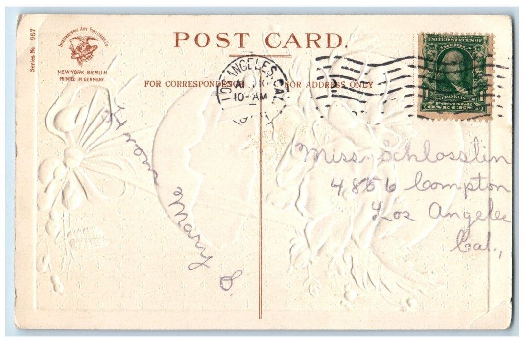 c1910's Easter Greetings Hanging Hatched Egg Ribbon Flowers Embossed Postcard