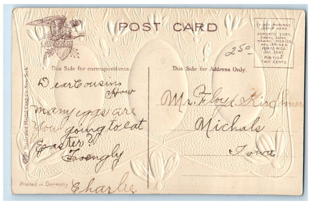 c1910's Easter Greetings Hanging Egg White Flowers Embossed Antique Postcard