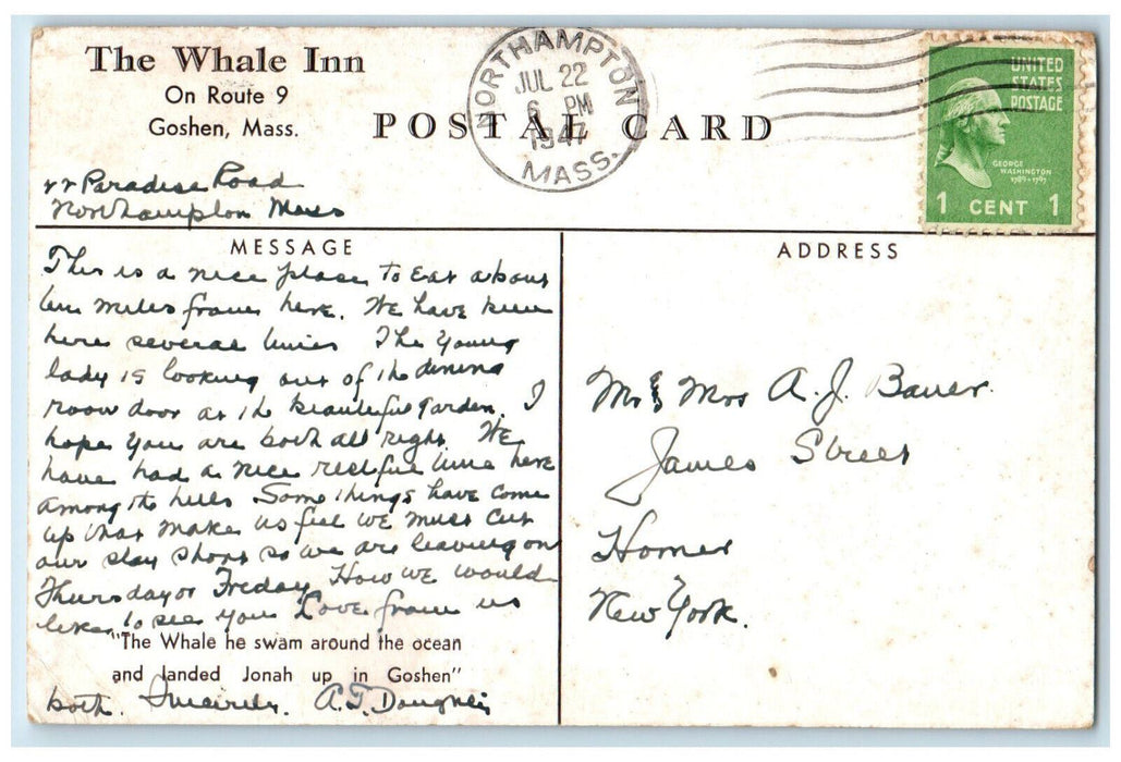 1947 The Whale Inn Goshen Massachusetts MA Vintage Posted Postcard
