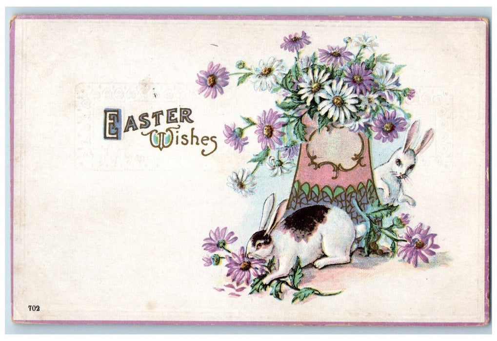 1916 Easter Wishes Bunny Rabbit Flowers Embossed West Granby CT Antique Postcard