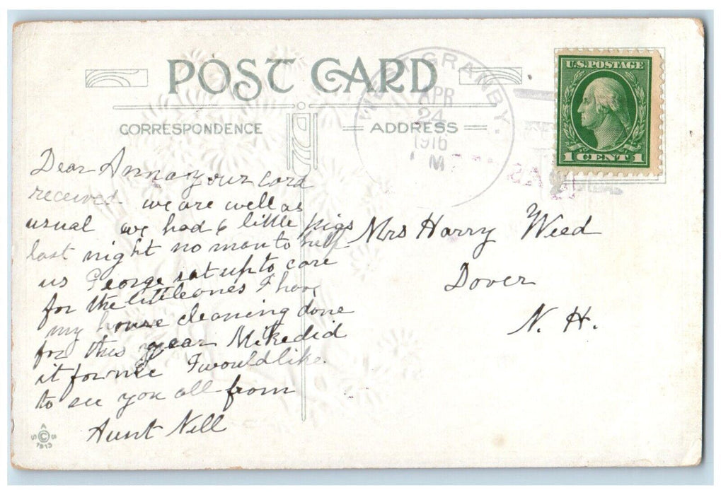 1916 Easter Wishes Bunny Rabbit Flowers Embossed West Granby CT Antique Postcard