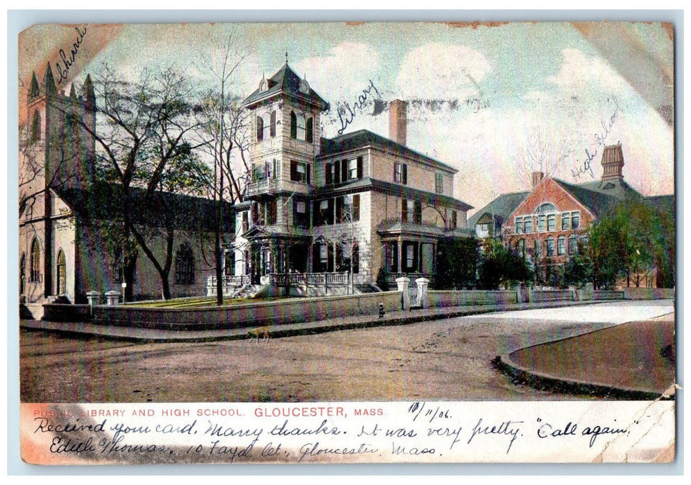 1906 Public Library and High School Gloucester Massachusetts MA Postcard