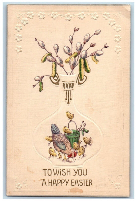 c1910's Happy Easter Vase Chicken Hen Chicks Drinking Water Antique Postcard