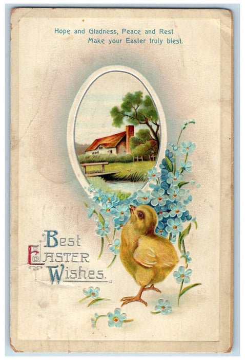 1911 Easter Wishes Chick Pansies Flowers House River Clapsaddle Antique Postcard