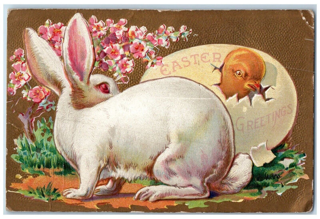 1909 Easter Greetings Bunny Rabbit Hatched Egg Chick Pansies Flowers Postcard