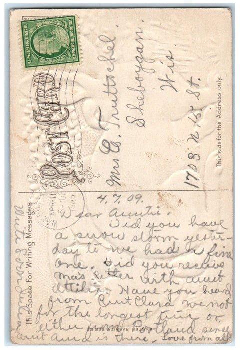 1909 Easter Greetings Bunny Rabbit Hatched Egg Chick Pansies Flowers Postcard