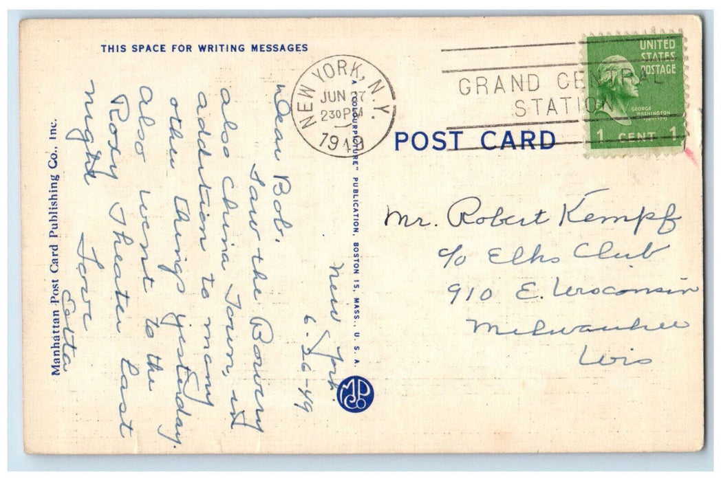 1949 Lee's Mon Fong Wo Co Greetings from Chinatown New York NY Postcard