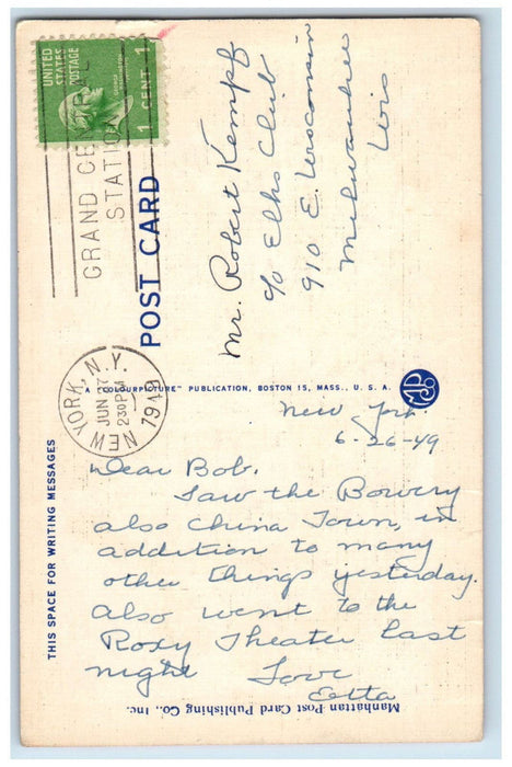 1949 Lee's Mon Fong Wo Co Greetings from Chinatown New York NY Postcard