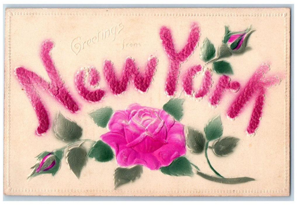 c1910 Greetings from New York NY Pink Flower Embossed Posted Postcard