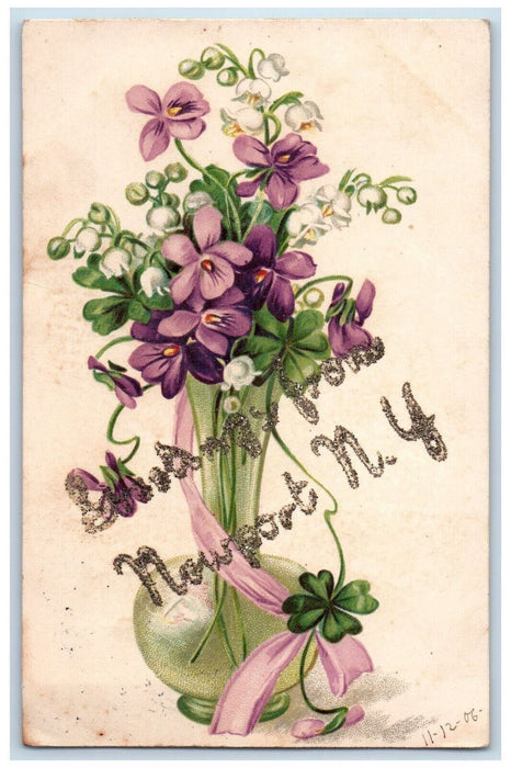 1906 Greetings from Newport New York NY Purple Flower Glitter Postcard